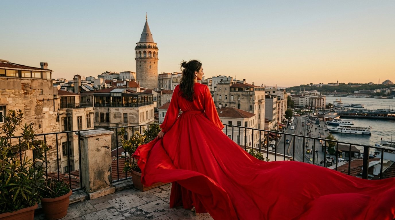Woman in a flowing red flying dress posing on a Karaköy rooftop terrace with Galata Tower behind her