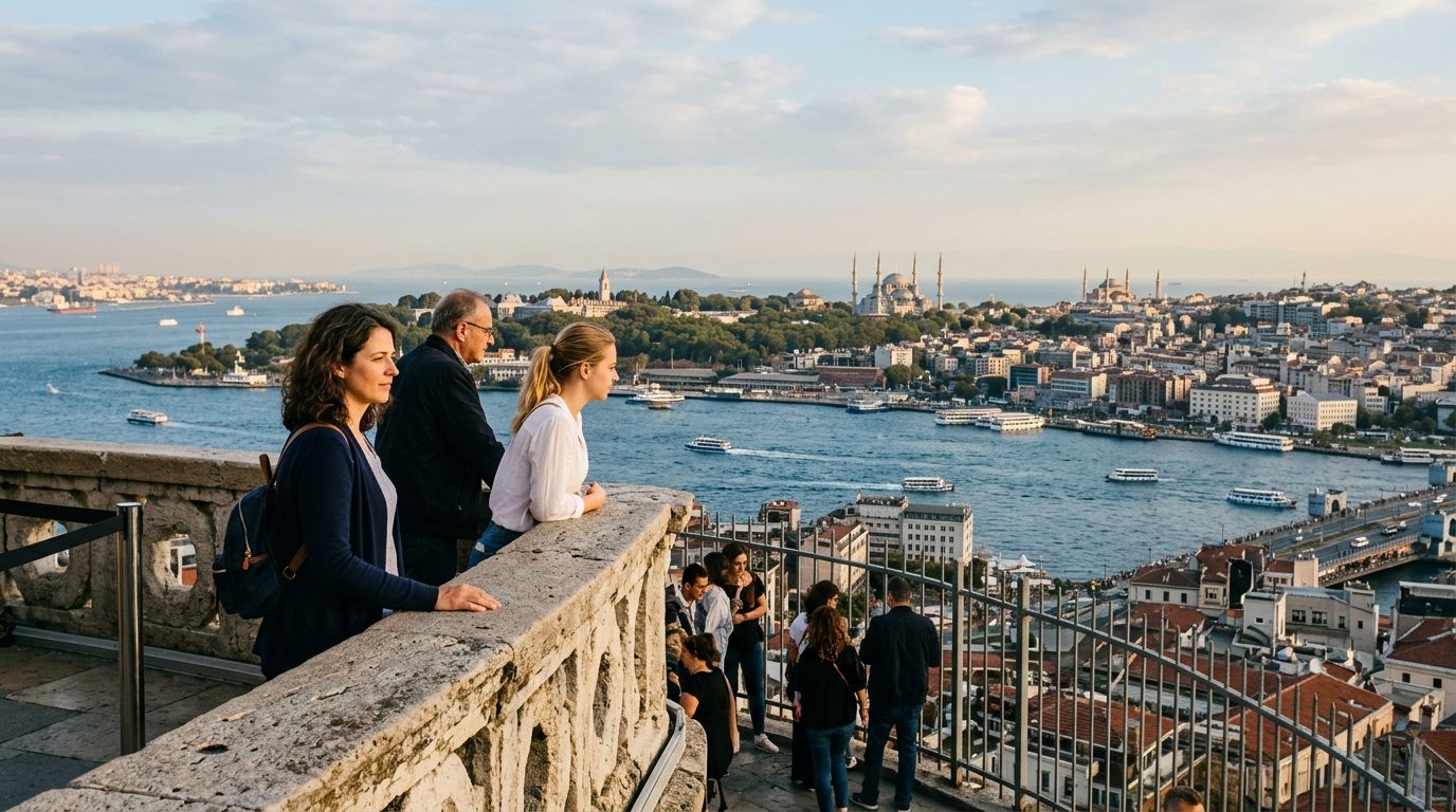 Visitors on the Galata Tower observation deck looking out over the Bosphorus and the old-city skyline