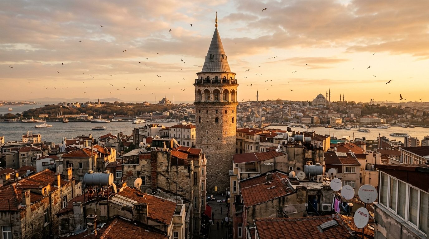 Galata Tower rising over the terracotta rooftops of Karaköy at golden hour, Istanbul