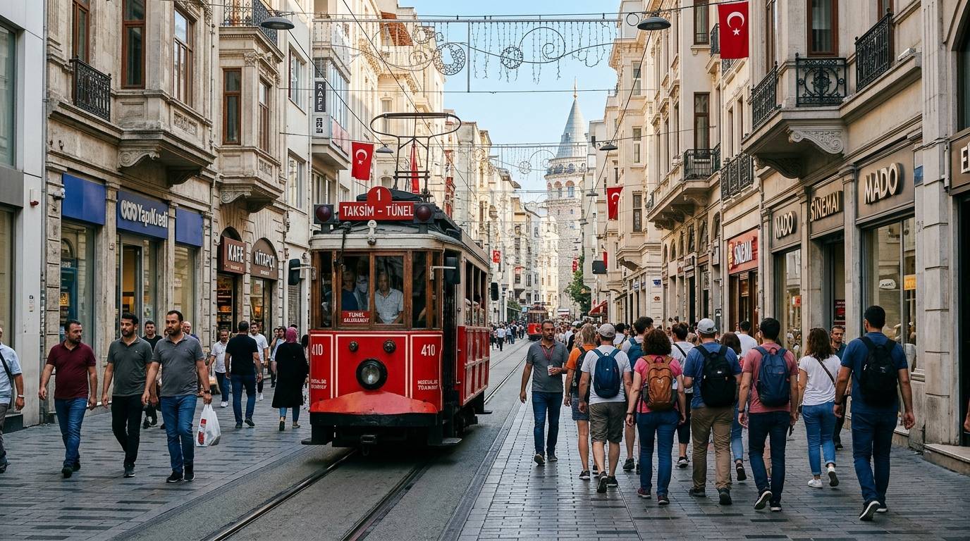 Historic tram on Istiklal Street with crowds walking from Taksim towards the Galata district